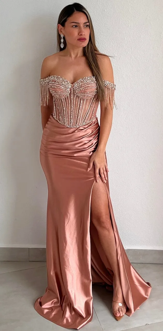 Glamorous Entrance Rose Gold Rhinestones Off Shoulder Gown