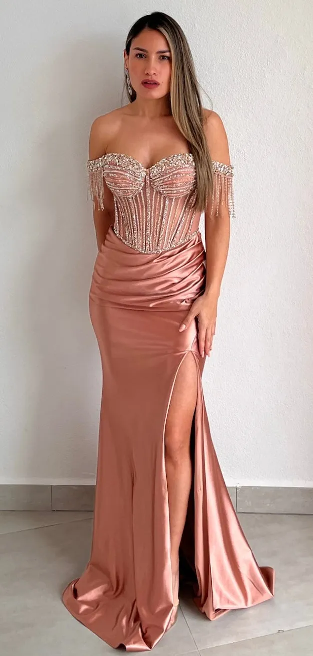 Glamorous Entrance Rose Gold Rhinestones Off Shoulder Gown