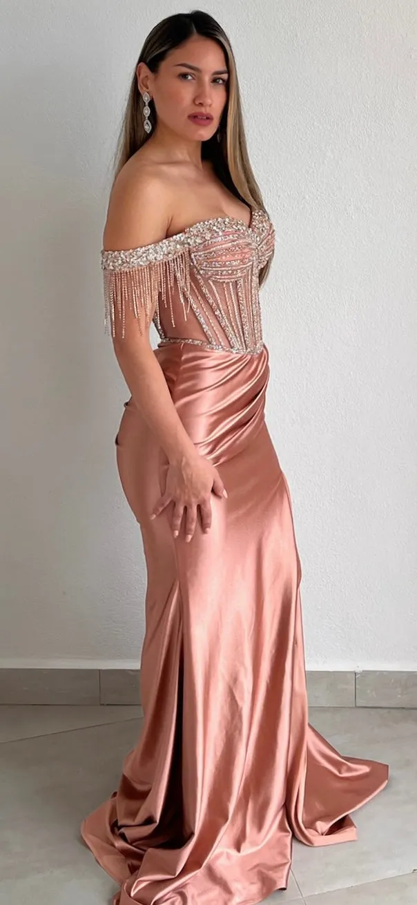 Glamorous Entrance Rose Gold Rhinestones Off Shoulder Gown