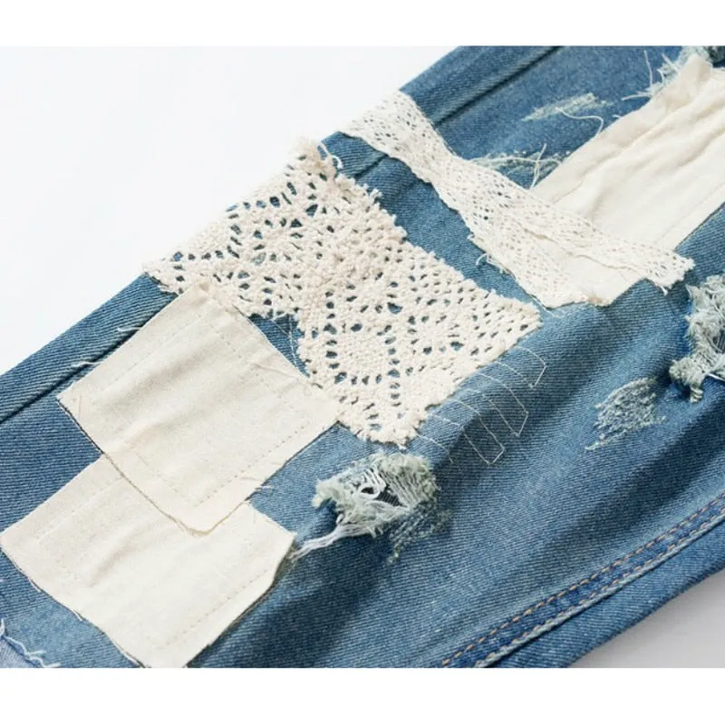 Light Washed Lace Patchwork Ripped Straight Jeans