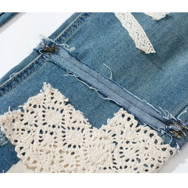 Light Washed Lace Patchwork Ripped Straight Jeans