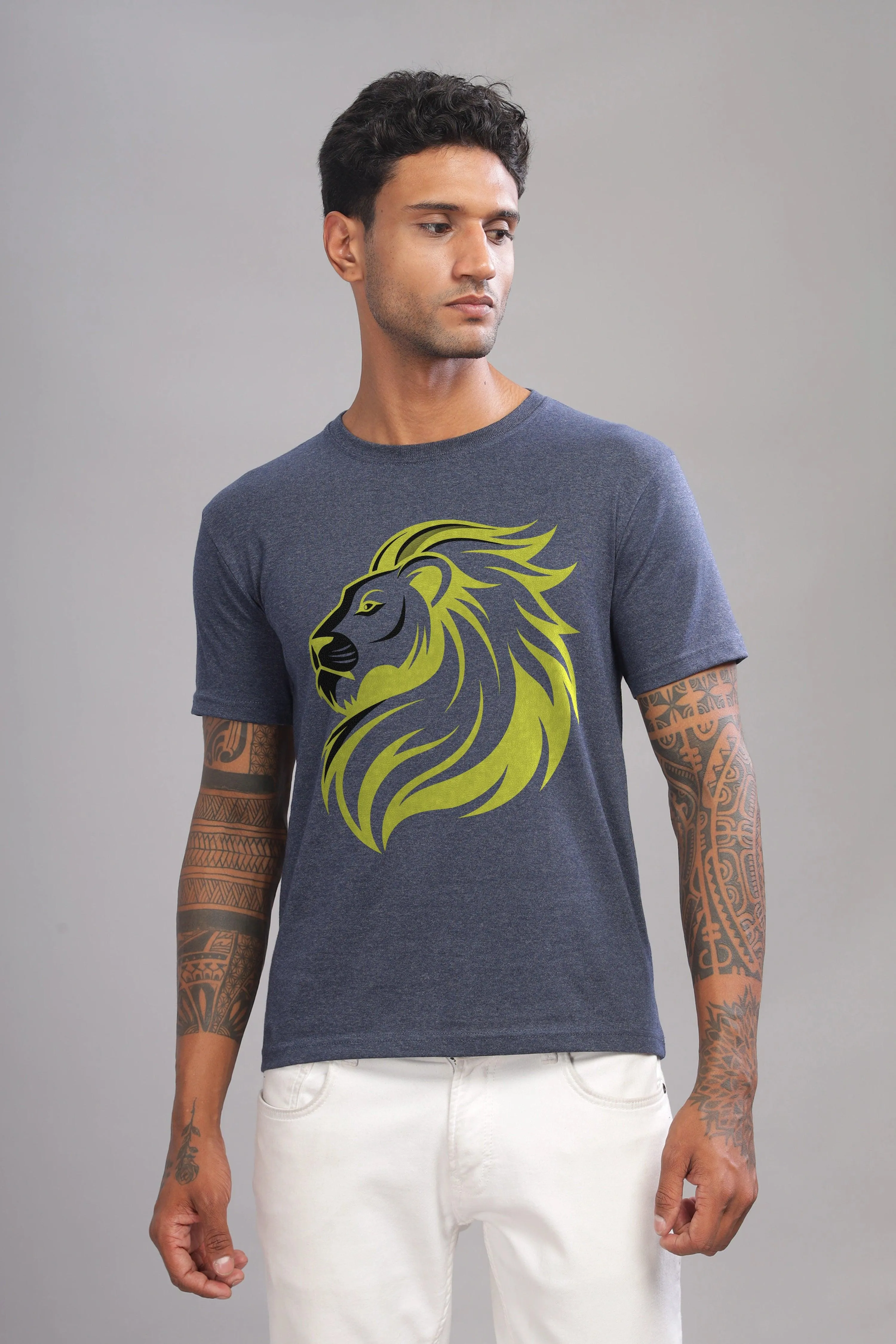 Lucky Leo Denim Blue Half Sleeve Printed Round Neck T-Shirt