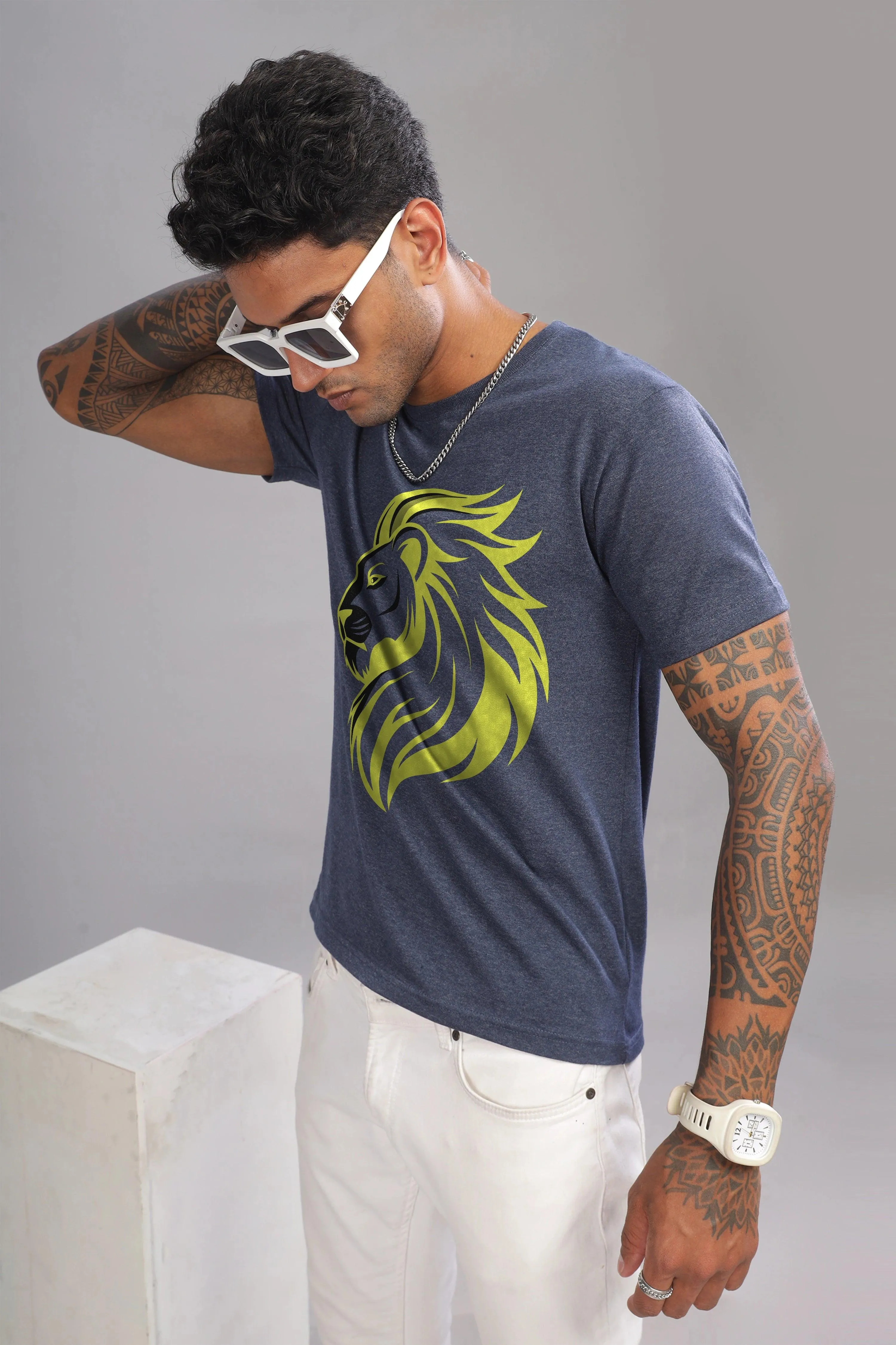 Lucky Leo Denim Blue Half Sleeve Printed Round Neck T-Shirt