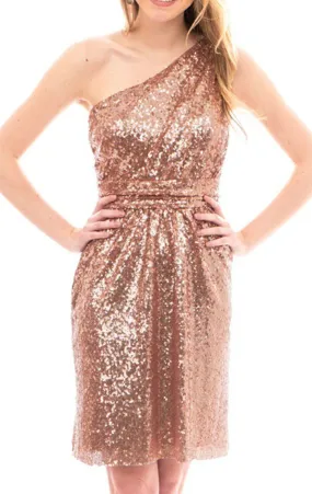 MACloth One Shoulder Sequin Short Bridesmaid Dress Rose Gold Cocktail Dress