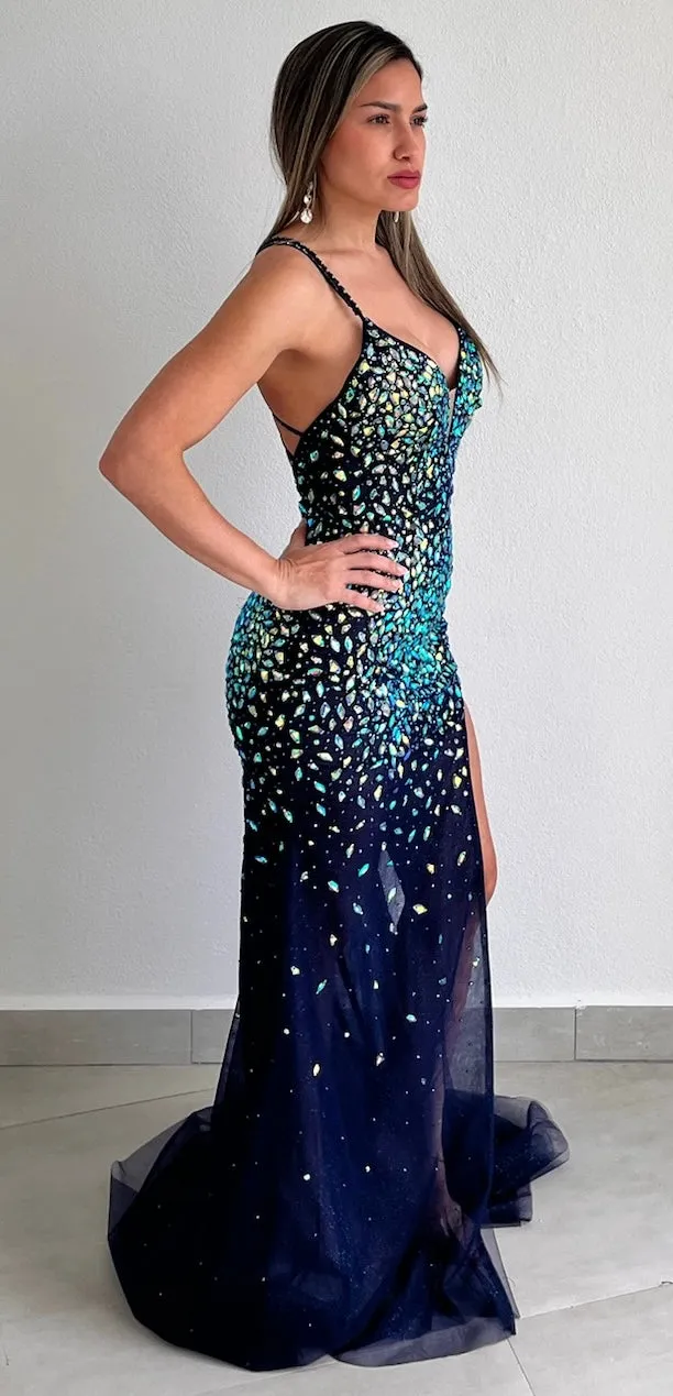 Magnetic Radiance Navy Stones Formal Gown