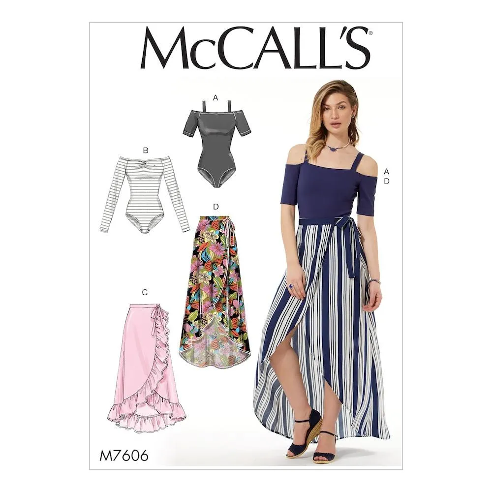 McCall's Pattern M7606 Misses' Off-the-Shoulder bodysuits and Wrap Skirts with Side Tie