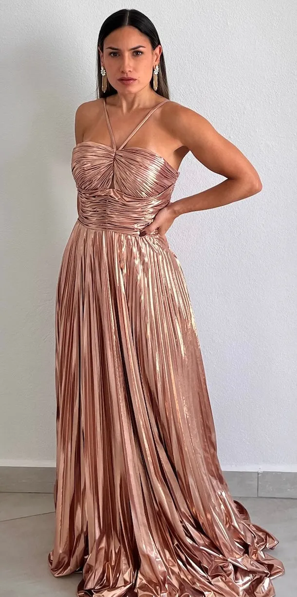 Metallic Angel Rose Gold Pleated Formal Gown