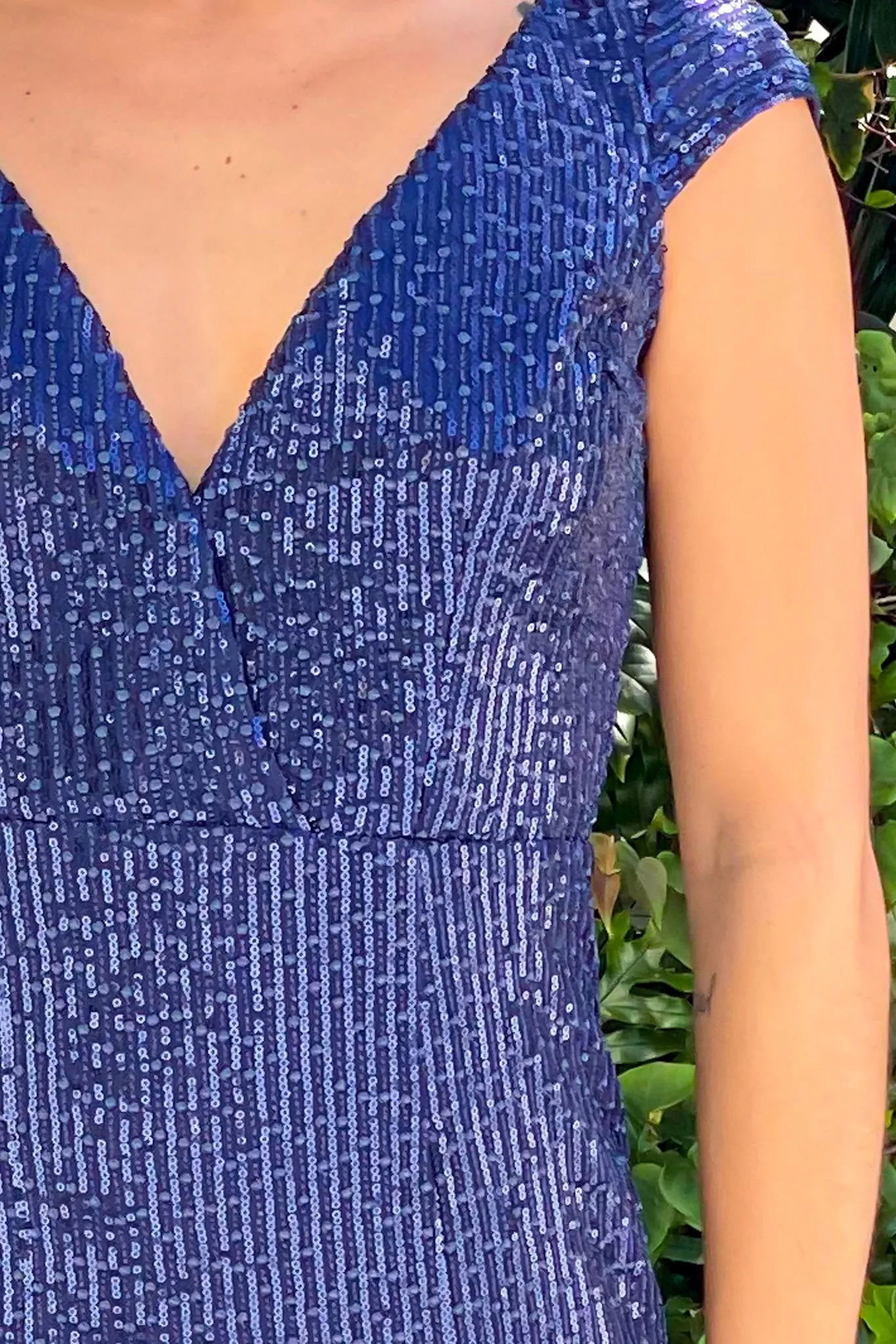 Navy V-Neck Sequin Maxi Dress with Side Slit