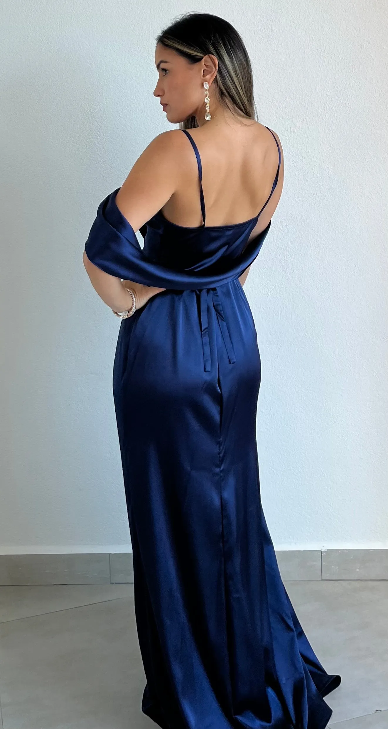 Ode to Love Navy Cowl Back Satin Formal Dress