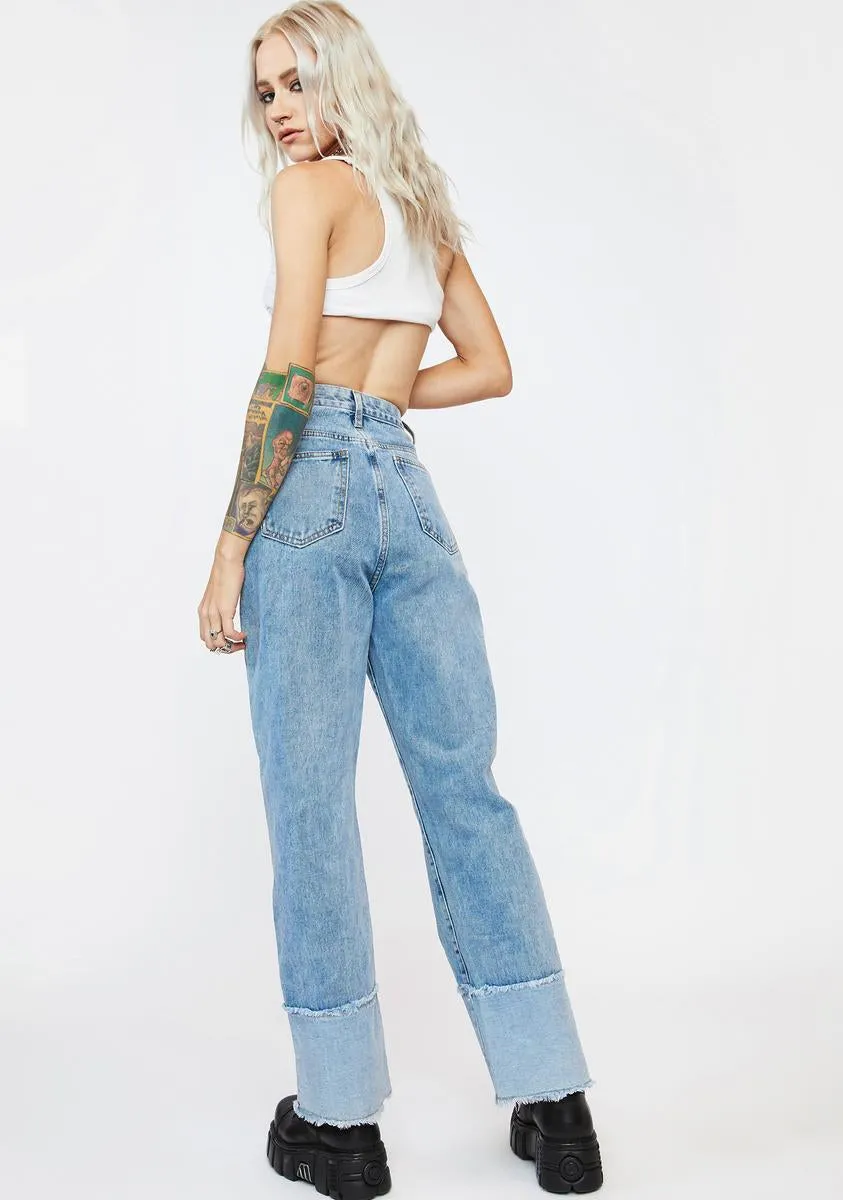 Patchwork Cuff Long Denim Jeans