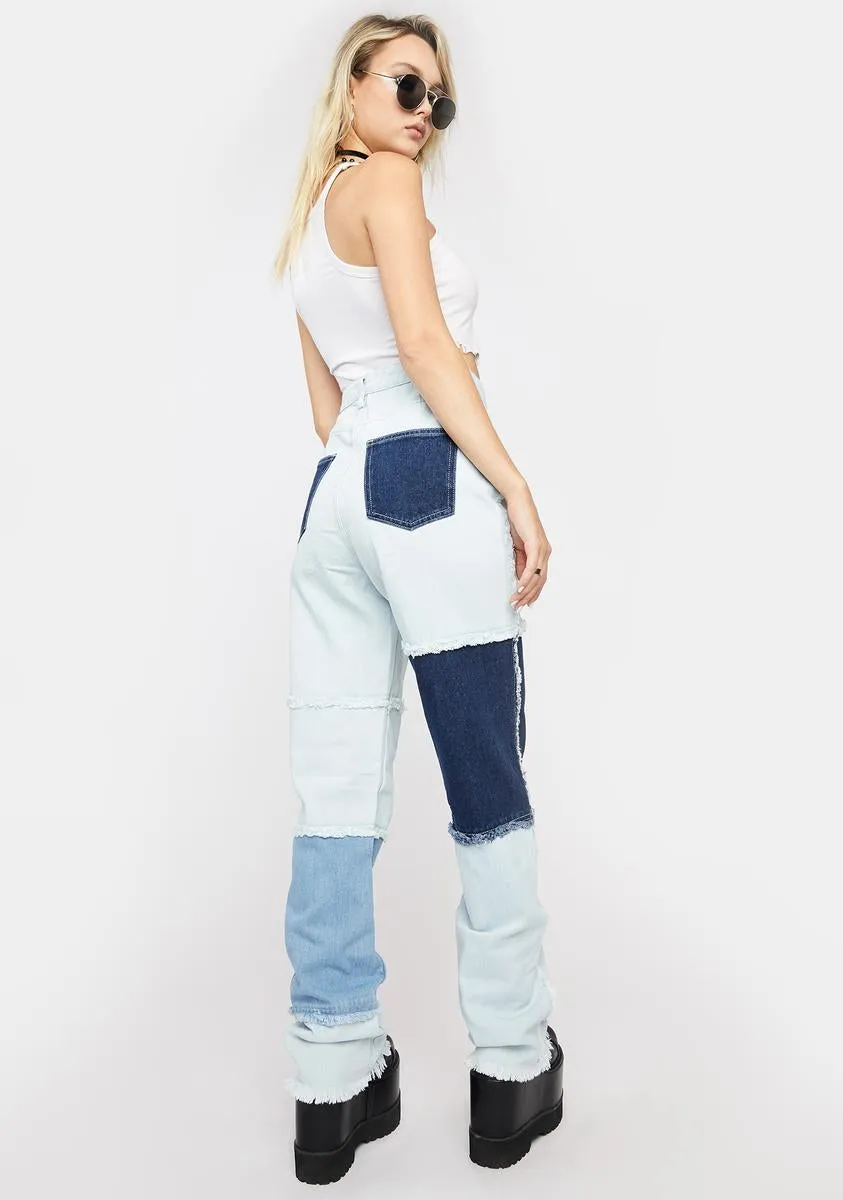 Patchwork Long Straight Leg Jeans