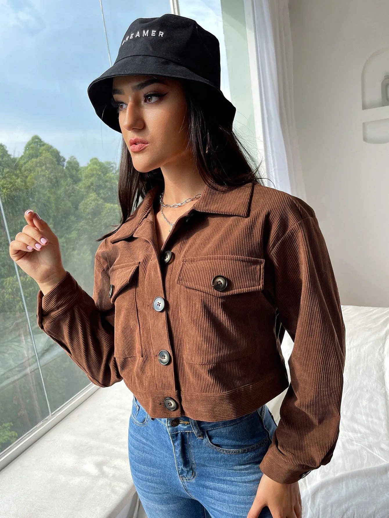 Plain Button Front Long Sleeve Collar Crop Women Jacket