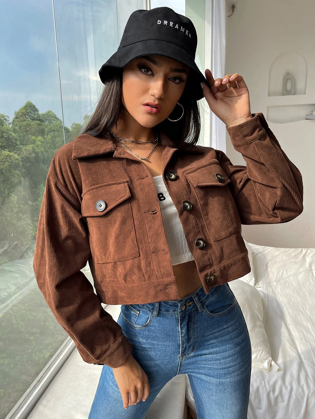 Plain Button Front Long Sleeve Collar Crop Women Jacket