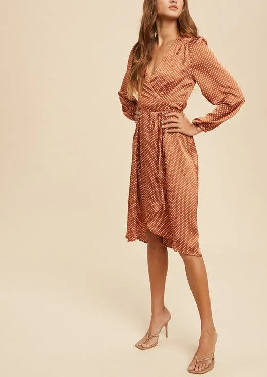 Rusty Dot Satin Wrap Dress