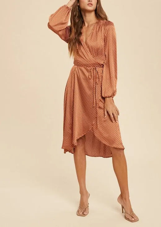 Rusty Dot Satin Wrap Dress