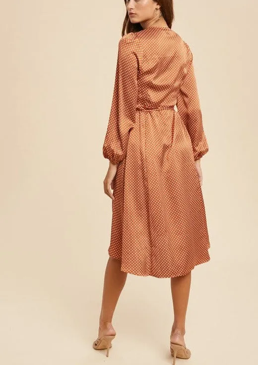 Rusty Dot Satin Wrap Dress