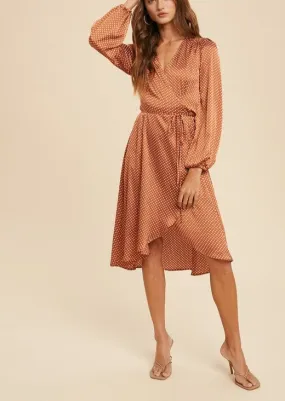 Rusty Dot Satin Wrap Dress