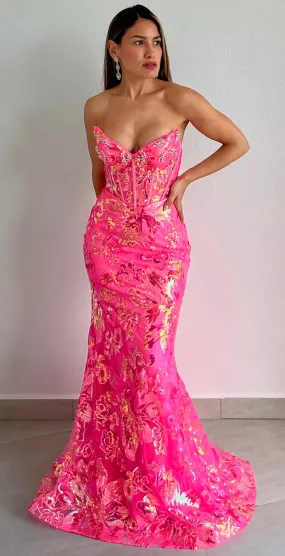 Striking Aura Hot Pink Sequins Formal Gown