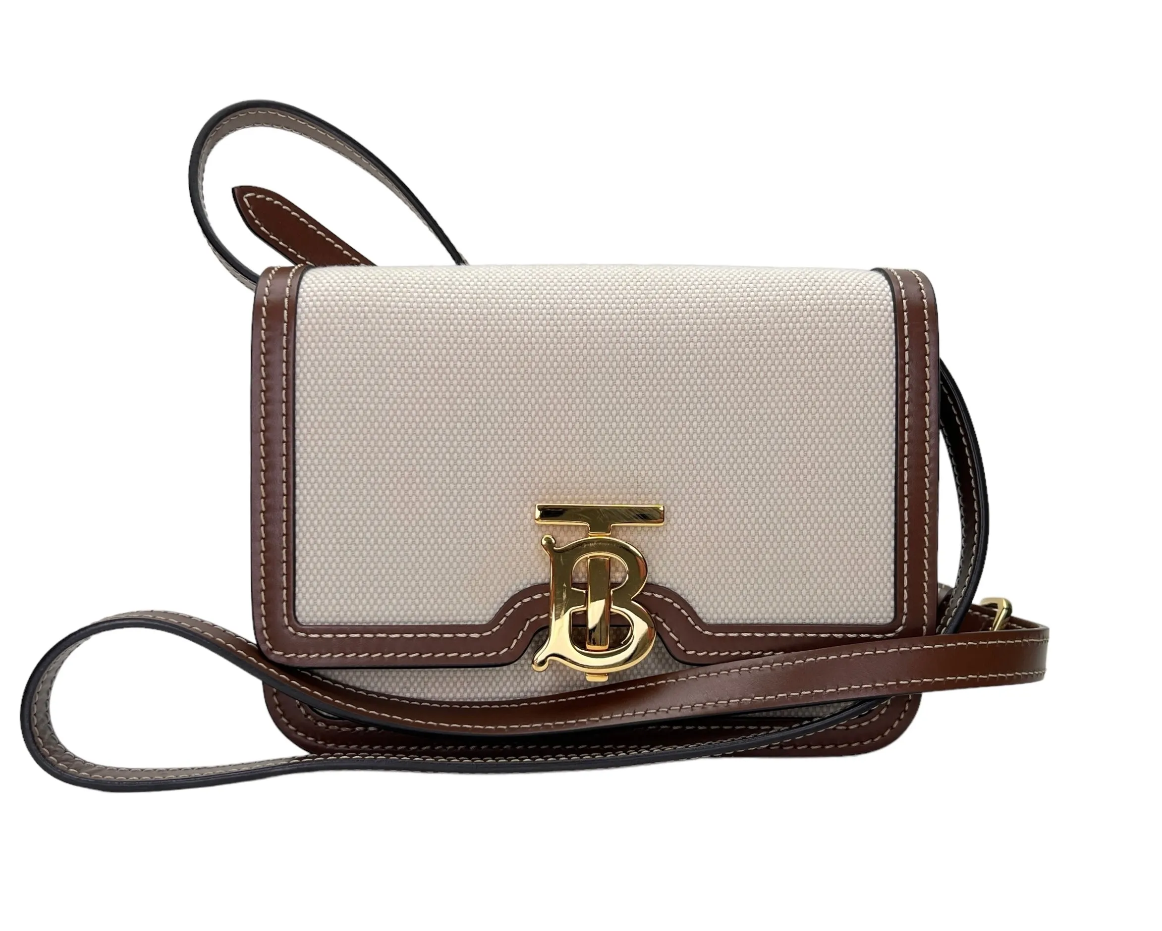 TB Mini Cream Crossbody Bag in Canvas, Gold hardware