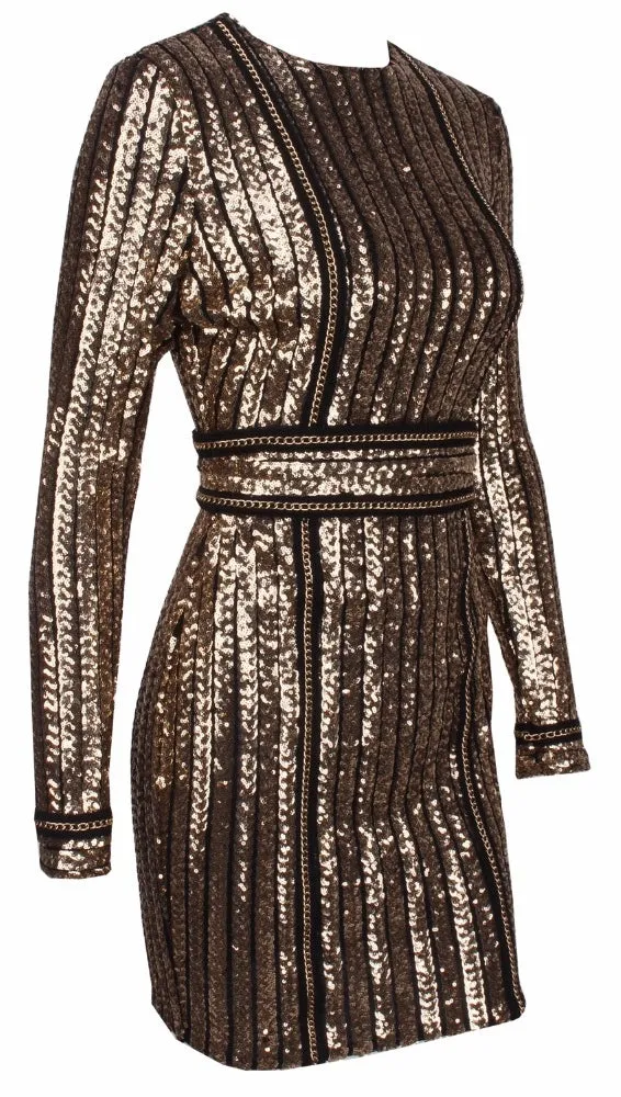 The Ivanka Long Sleeved Gold Sequin Mini Belted Dress Black