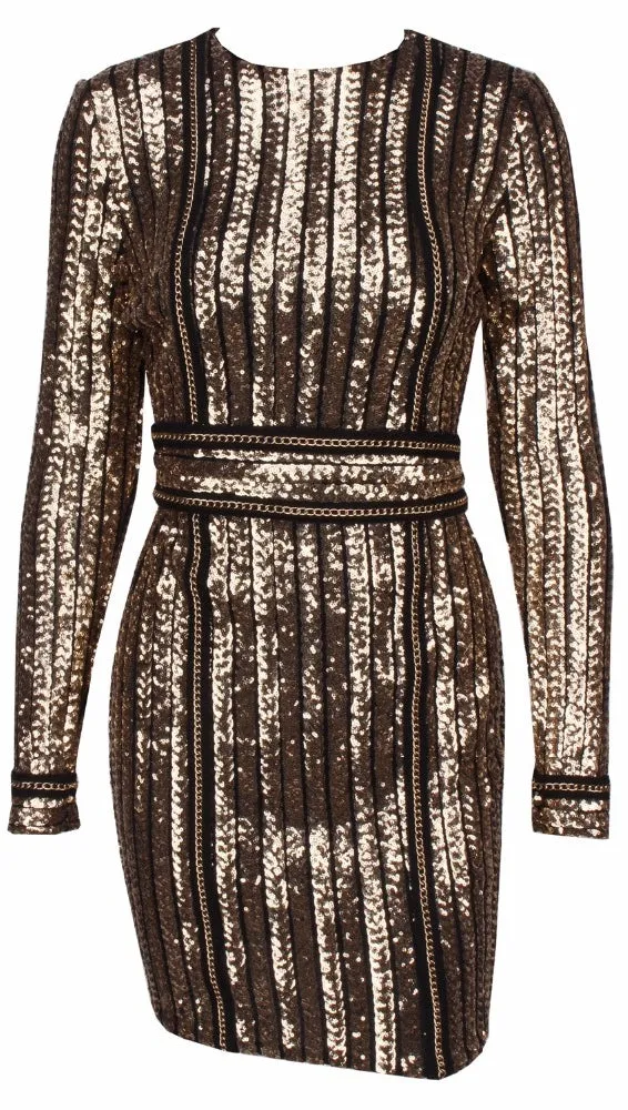 The Ivanka Long Sleeved Gold Sequin Mini Belted Dress Black