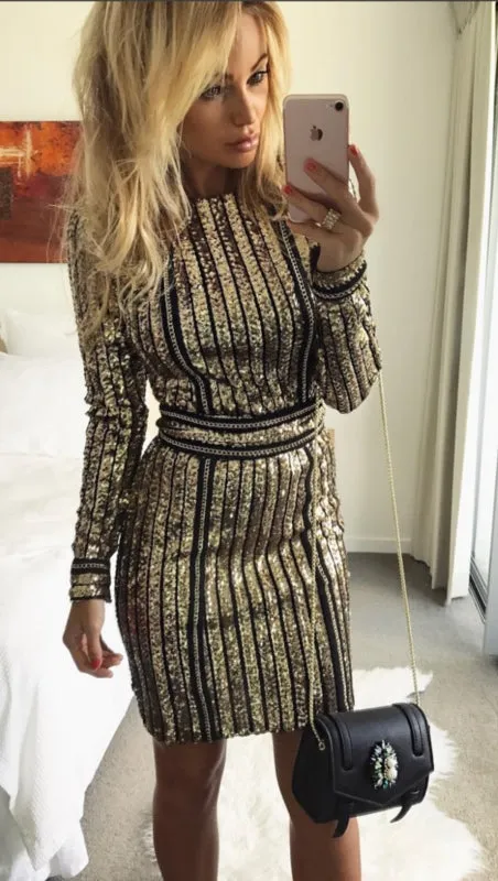 The Ivanka Long Sleeved Gold Sequin Mini Belted Dress Black