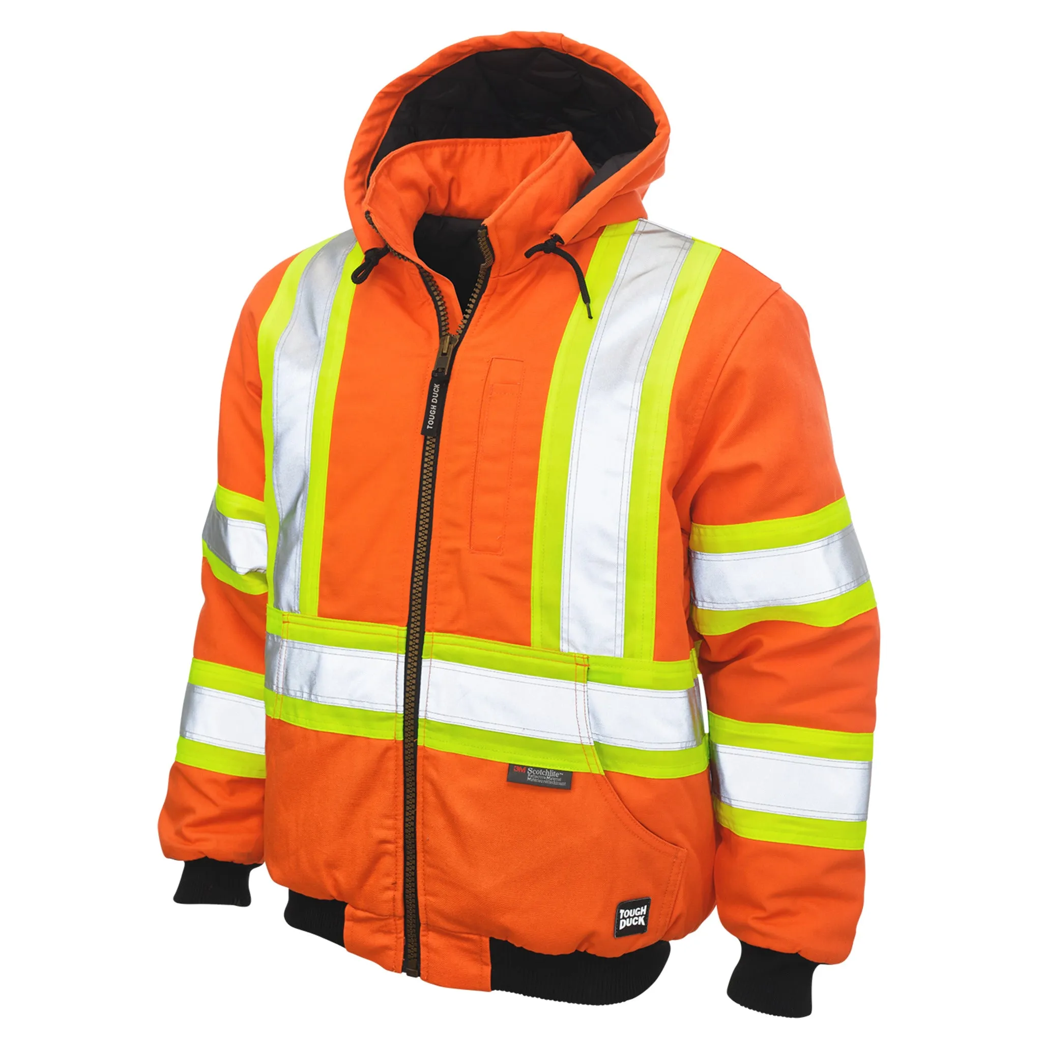 Tough Duck Men's Hi Vis Winter Safety Work Bomber Jacket SJ25, CSA Cotton Duck Reflective, 10 oz Cotton Duck Quilted Insulation 3M™ Scotchlite™ |  Sizes XS-5XL