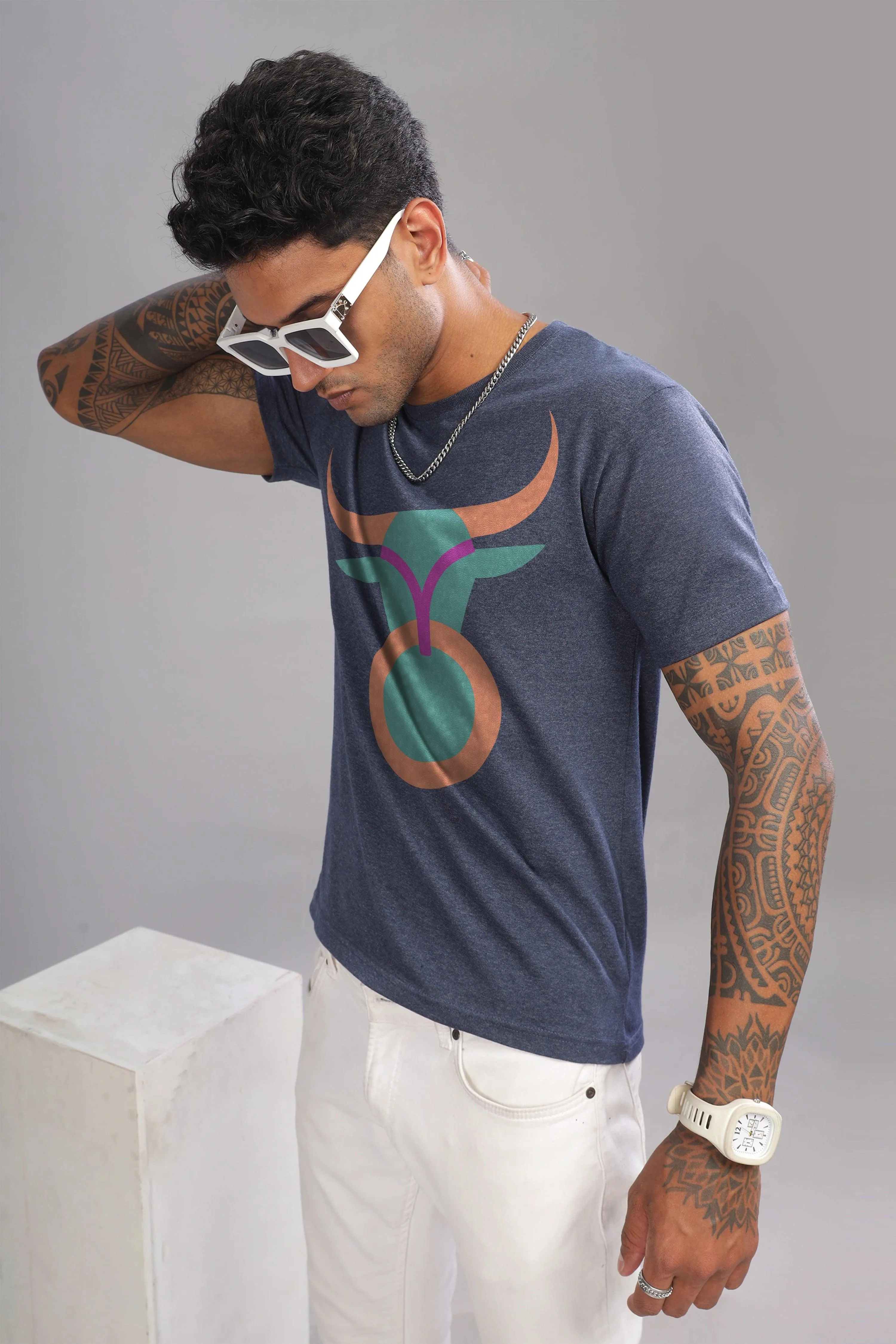 Trendy Taurus Denim Blue Half Sleeve Printed Round Neck T-Shirt