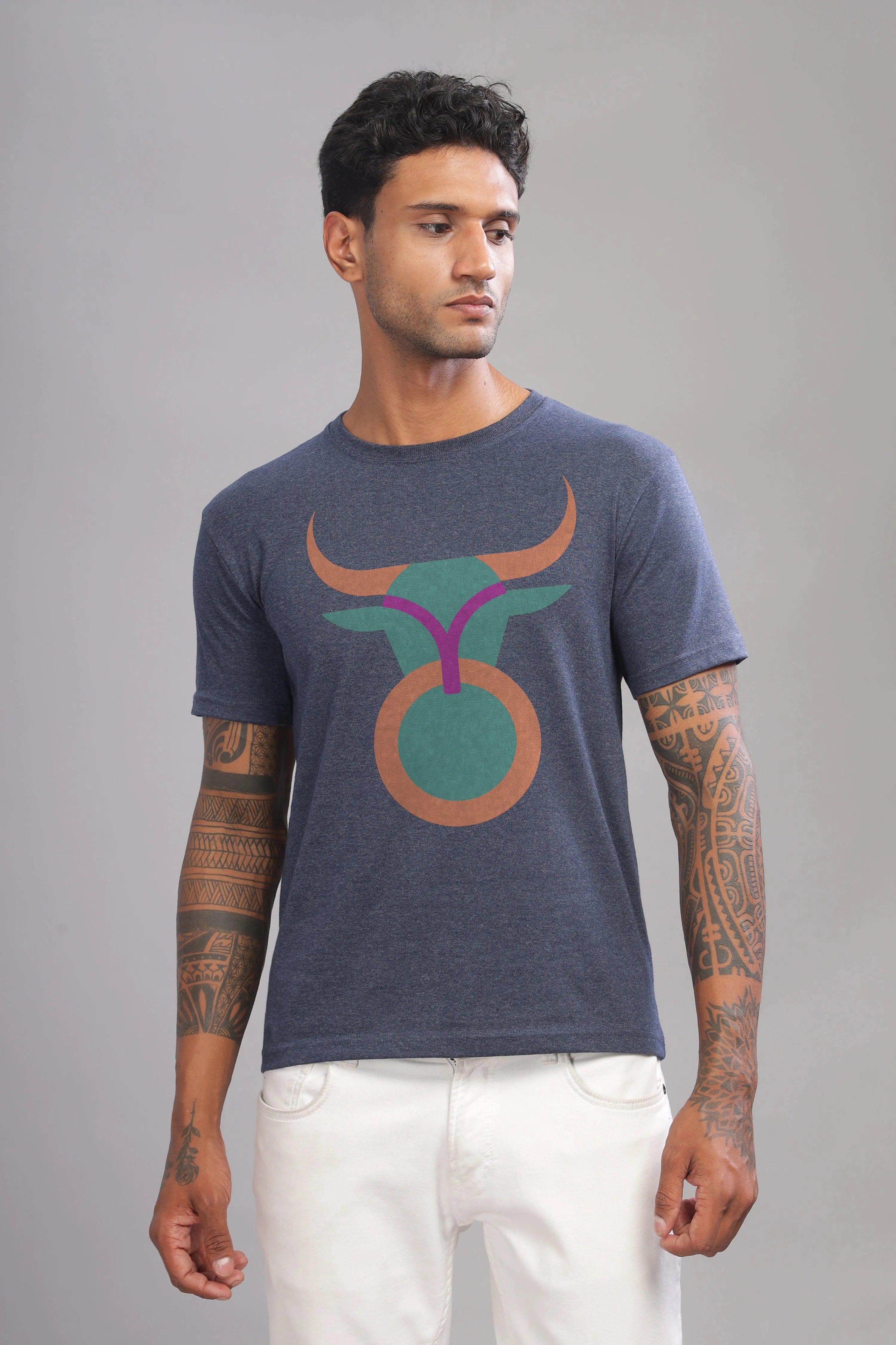 Trendy Taurus Denim Blue Half Sleeve Printed Round Neck T-Shirt