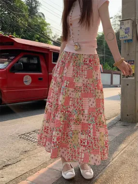 Vacation Summer Bohemian Contrasting Floral Patchwork Color Skirt