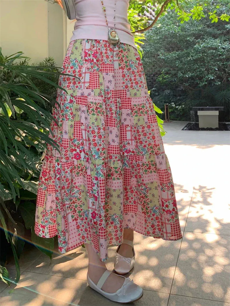 Vacation Summer Bohemian Contrasting Floral Patchwork Color Skirt