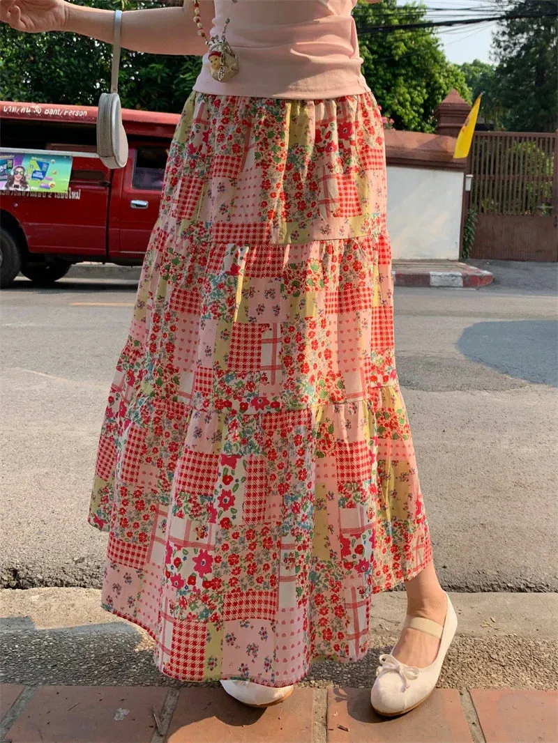 Vacation Summer Bohemian Contrasting Floral Patchwork Color Skirt