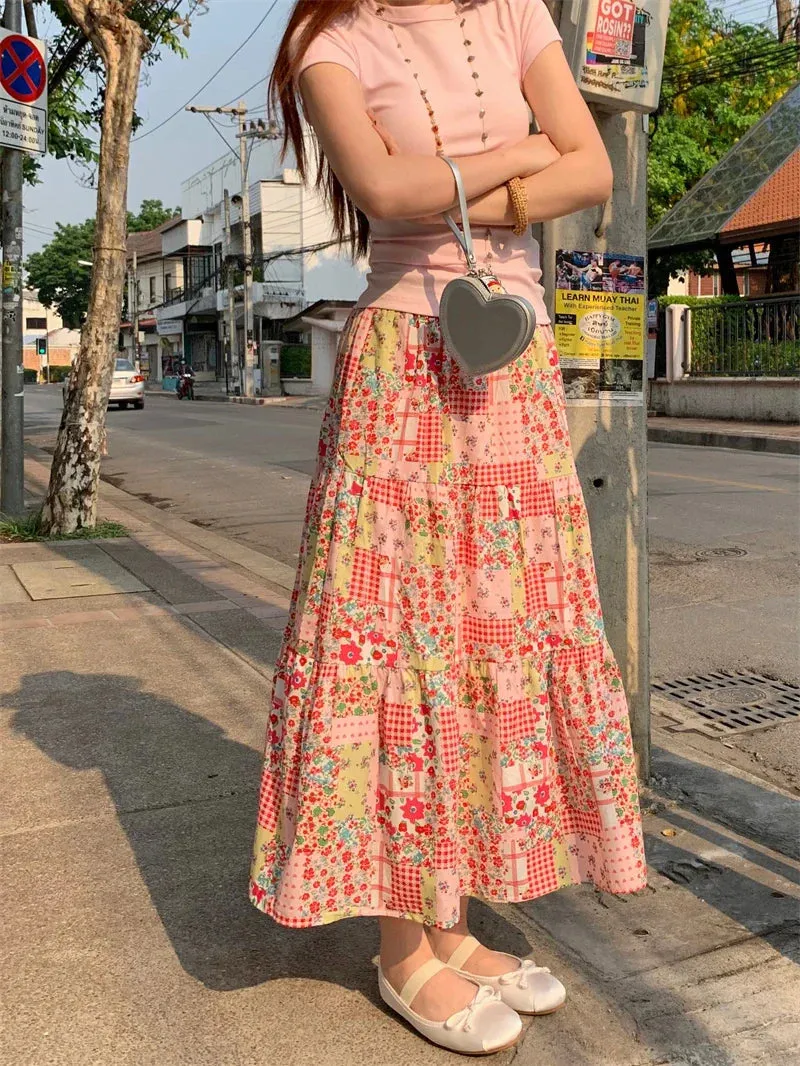 Vacation Summer Bohemian Contrasting Floral Patchwork Color Skirt