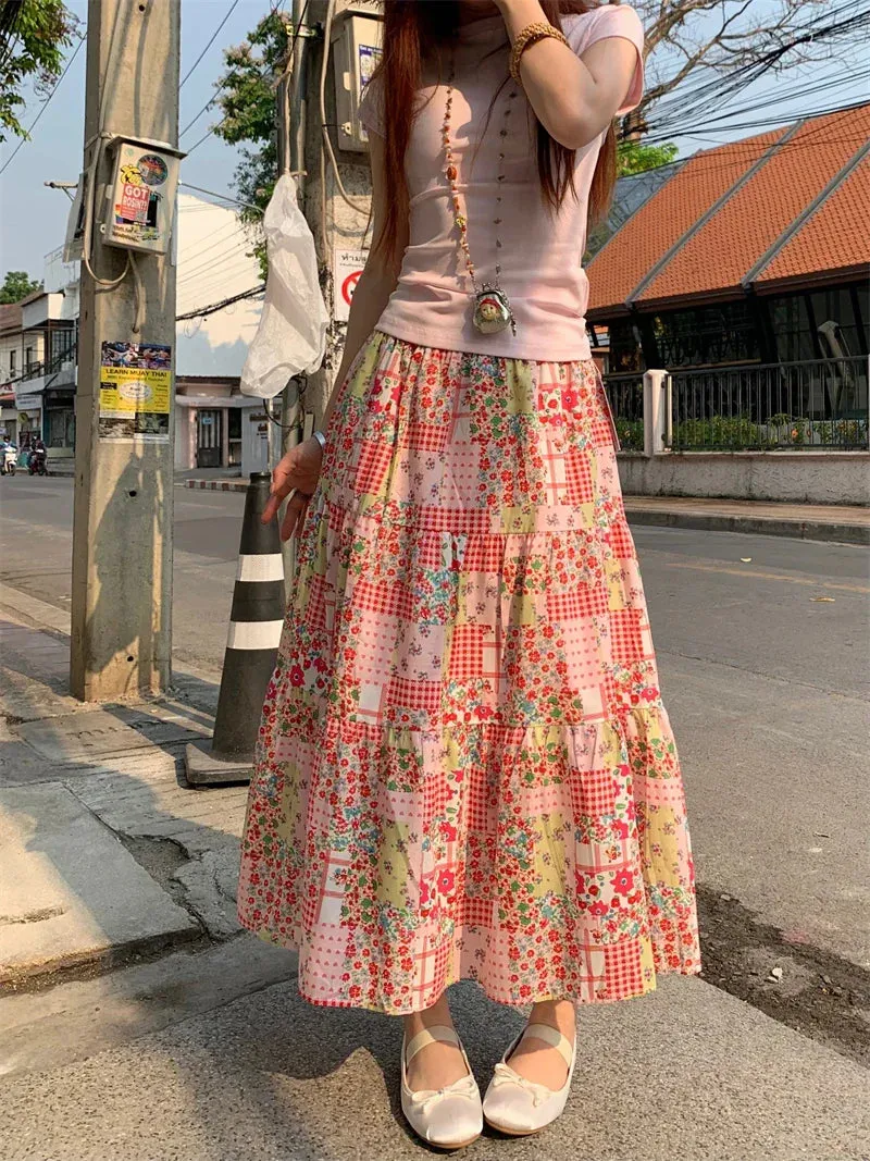 Vacation Summer Bohemian Contrasting Floral Patchwork Color Skirt