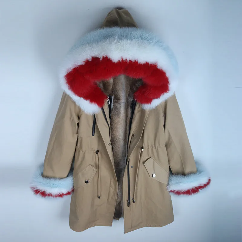 Women's Winter Casual Warm Long Parka With Detachable Rabbit Fur