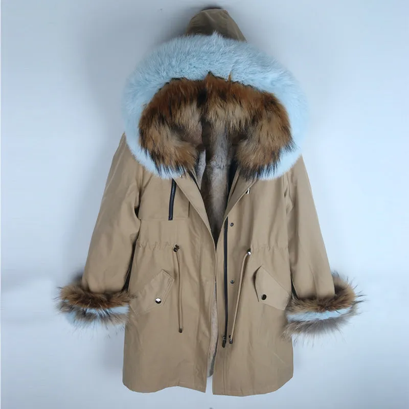 Women's Winter Casual Warm Long Parka With Detachable Rabbit Fur